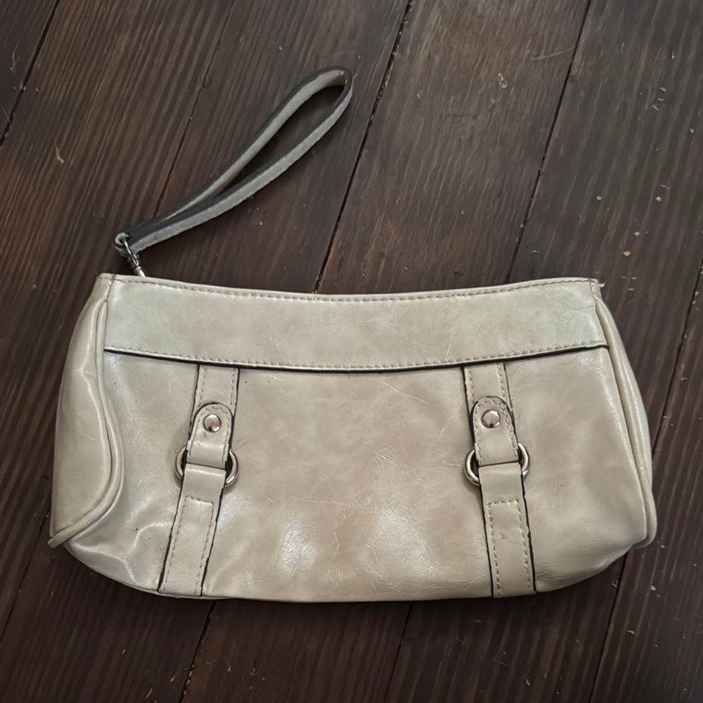 Cream Leather Wristlet Clutch with Buckle Straps